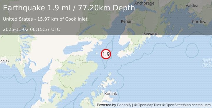 Earthquake 47 km W of Nanwalek, Alaska (1.9 ml) (2025-11-02 00:15:57 UTC)