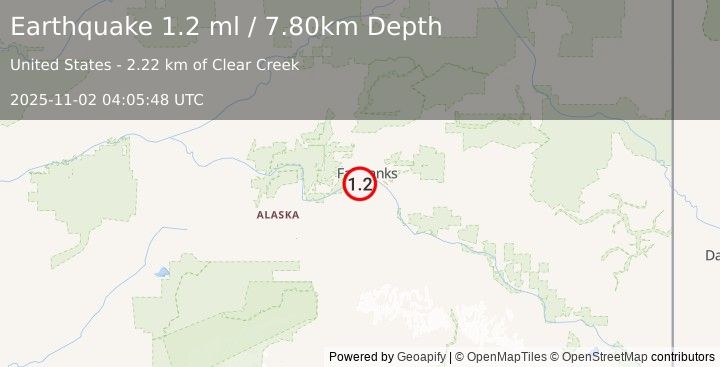 Earthquake 8 km SSW of South Van Horn, Alaska (1.2 ml) (2025-11-02 04:05:48 UTC)