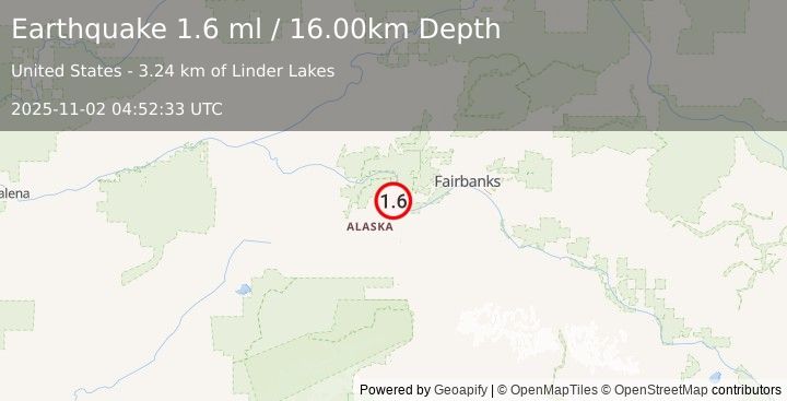 Earthquake 8 km NNW of Four Mile Road, Alaska (1.6 ml) (2025-11-02 04:52:33 UTC)