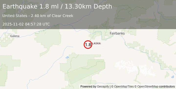 Earthquake 56 km W of Anderson, Alaska (1.8 ml) (2025-11-02 04:57:28 UTC)