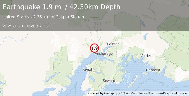 Earthquake 14 km SSW of Susitna, Alaska (1.9 ml) (2025-11-02 06:08:22 UTC)