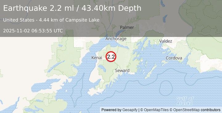 Earthquake 25 km WNW of Cooper Landing, Alaska (2.2 ml) (2025-11-02 06:53:55 UTC)