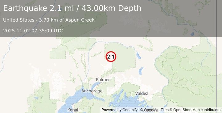 Earthquake 64 km N of Chickaloon, Alaska (2.1 ml) (2025-11-02 07:35:09 UTC)