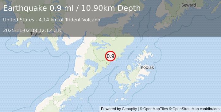 Earthquake 80 km NNW of Karluk, Alaska (0.9 ml) (2025-11-02 08:12:12 UTC)