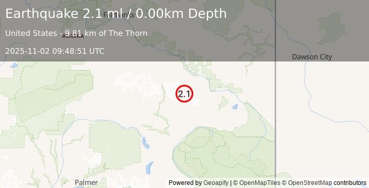 Earthquake 35 km SSW of Dry Creek, Alaska (2.1 ml) (2025-11-02 09:48:51 UTC)