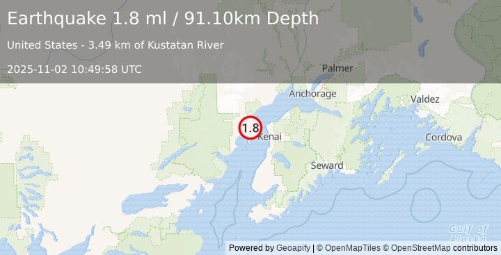Earthquake 30 km WNW of Salamatof, Alaska (1.8 ml) (2025-11-02 10:49:58 UTC)