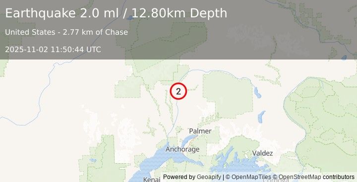 Earthquake 2 km SSE of Chase, Alaska (2.0 ml) (2025-11-02 11:50:44 UTC)