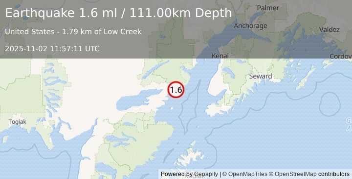 Earthquake 48 km E of Pedro Bay, Alaska (1.6 ml) (2025-11-02 11:57:11 UTC)