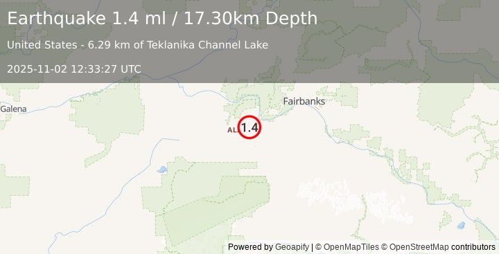 Earthquake 18 km WSW of Nenana, Alaska (1.4 ml) (2025-11-02 12:33:27 UTC)