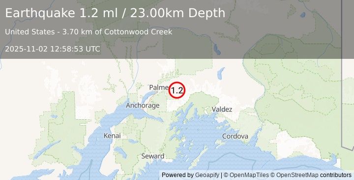Earthquake 29 km S of Chickaloon, Alaska (1.2 ml) (2025-11-02 12:58:53 UTC)