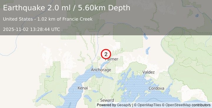 Earthquake 15 km WNW of Fishhook, Alaska (2.0 ml) (2025-11-02 13:28:44 UTC)