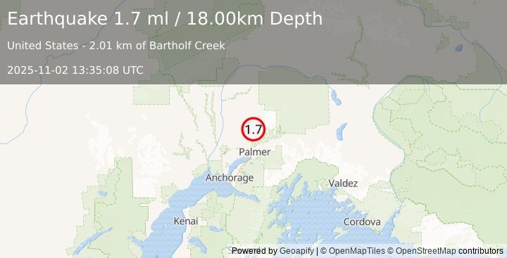 Earthquake 21 km NNE of Fishhook, Alaska (1.7 ml) (2025-11-02 13:35:08 UTC)