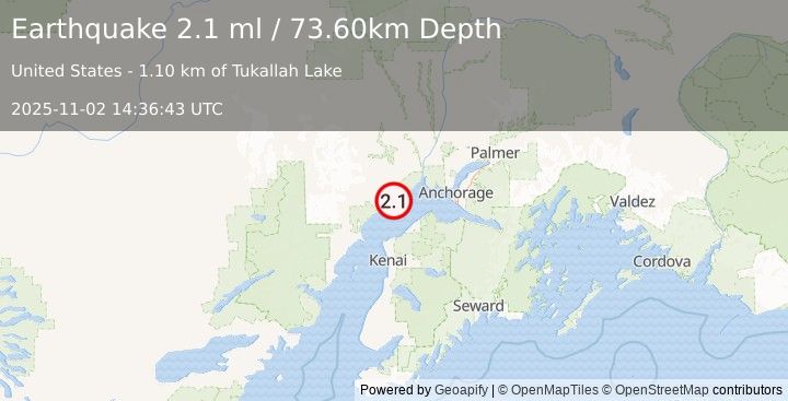 Earthquake 3 km W of Beluga, Alaska (2.1 ml) (2025-11-02 14:36:43 UTC)