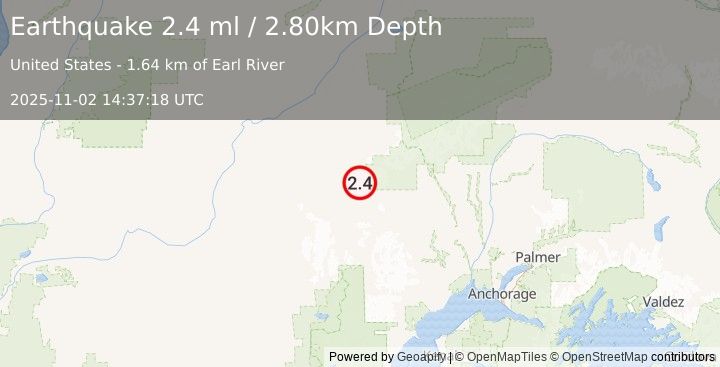Earthquake 93 km WNW of Skwentna, Alaska (2.4 ml) (2025-11-02 14:37:18 UTC)