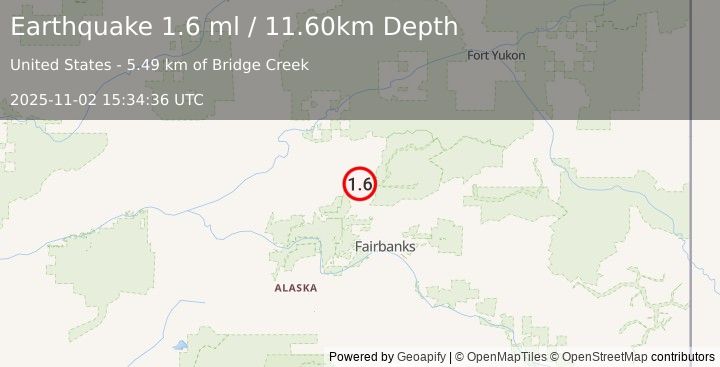 Earthquake 17 km SE of Livengood, Alaska (1.6 ml) (2025-11-02 15:34:36 UTC)