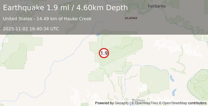 Earthquake 29 km S of Denali National Park, Alaska (1.9 ml) (2025-11-02 16:40:34 UTC)