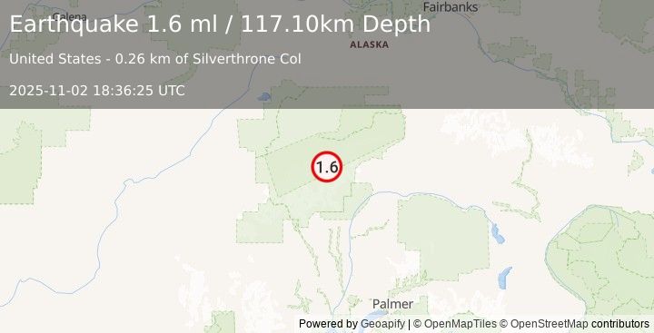 Earthquake 68 km SE of Denali National Park, Alaska (1.6 ml) (2025-11-02 18:36:25 UTC)