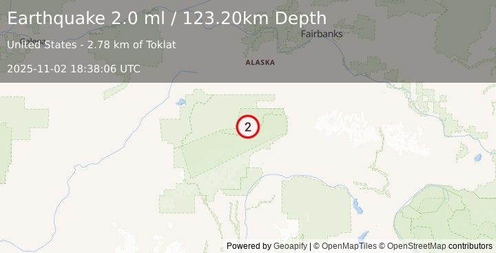 Earthquake 58 km WNW of Cantwell, Alaska (2.0 ml) (2025-11-02 18:38:06 UTC)