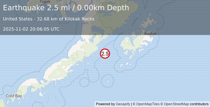 Earthquake 101 km W of Akhiok, Alaska (2.5 ml) (2025-11-02 20:06:05 UTC)