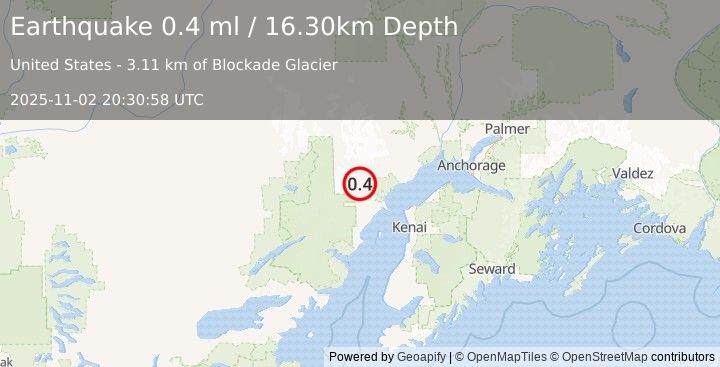 Earthquake 65 km W of Tyonek, Alaska (0.4 ml) (2025-11-02 20:30:58 UTC)