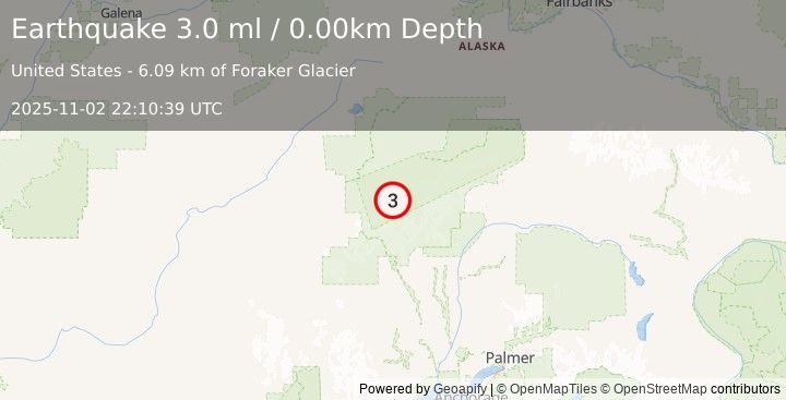 Earthquake 53 km SSE of Denali National Park, Alaska (3.0 ml) (2025-11-02 22:10:39 UTC)