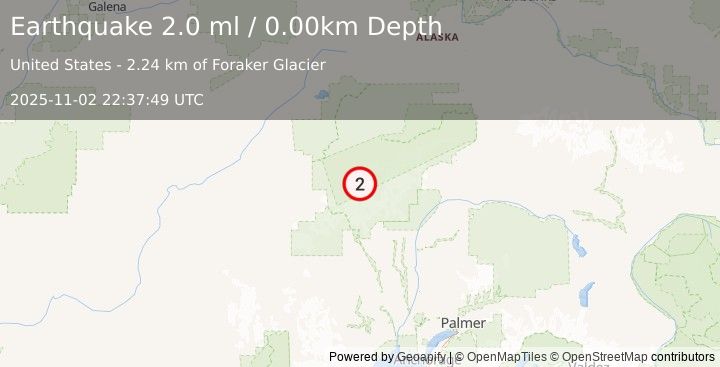 Earthquake 60 km SSE of Denali National Park, Alaska (2.0 ml) (2025-11-02 22:37:49 UTC)