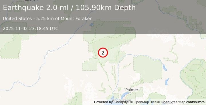 Earthquake 56 km NNW of Petersville, Alaska (2.0 ml) (2025-11-02 23:18:45 UTC)