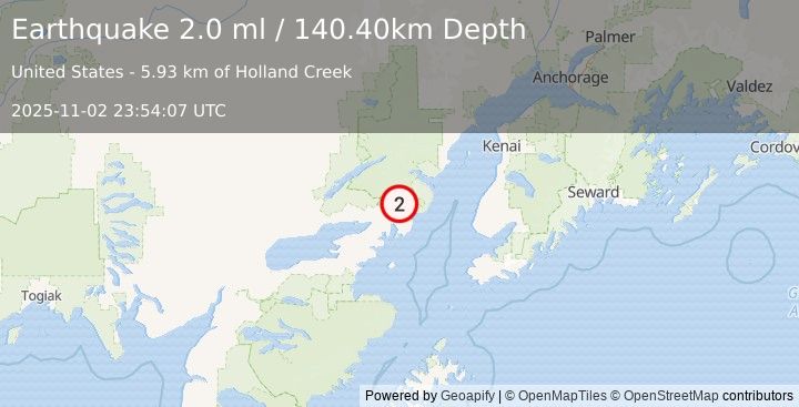 Earthquake 51 km ENE of Pedro Bay, Alaska (2.0 ml) (2025-11-02 23:54:07 UTC)