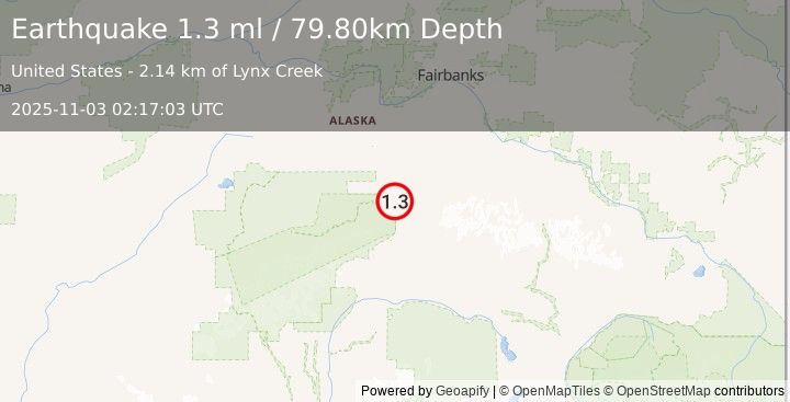 Earthquake 4 km E of Denali Park, Alaska (1.3 ml) (2025-11-03 02:17:03 UTC)