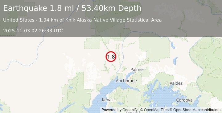 Earthquake 20 km ENE of Skwentna, Alaska (1.9 ml) (2025-11-03 02:26:34 UTC)
