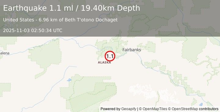 Earthquake 8 km WNW of Four Mile Road, Alaska (1.1 ml) (2025-11-03 02:50:34 UTC)