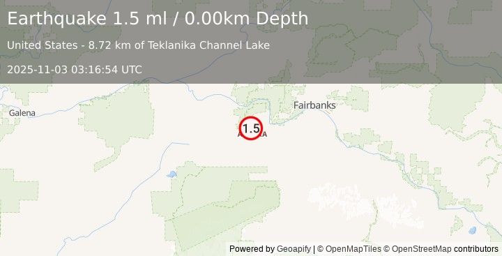 Earthquake 29 km WSW of Four Mile Road, Alaska (1.5 ml) (2025-11-03 03:16:54 UTC)