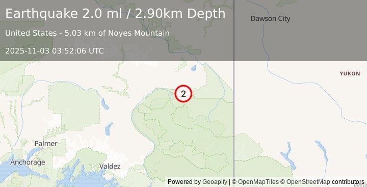 Earthquake 27 km NNW of Nabesna, Alaska (2.0 ml) (2025-11-03 03:52:06 UTC)