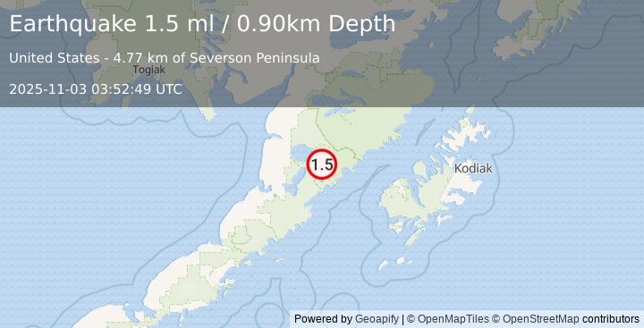Earthquake 84 km ENE of Ugashik, Alaska (1.5 ml) (2025-11-03 03:52:49 UTC)