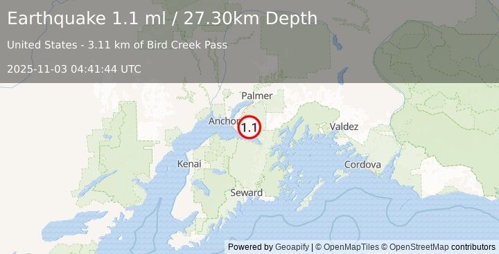 Earthquake 21 km SE of Elmendorf Air Force Base, Alaska (1.1 ml) (2025-11-03 04:41:44 UTC)