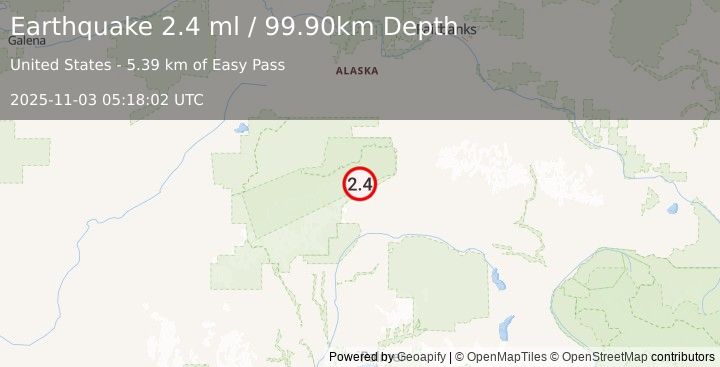 Earthquake 33 km W of Cantwell, Alaska (2.4 ml) (2025-11-03 05:18:02 UTC)
