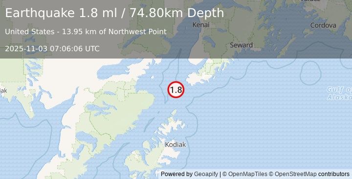 Earthquake 40 km SW of Nanwalek, Alaska (1.8 ml) (2025-11-03 07:06:06 UTC)
