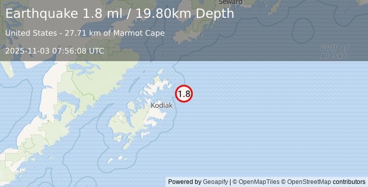 Earthquake 56 km ENE of Ouzinkie, Alaska (1.7 ml) (2025-11-03 07:56:10 UTC)