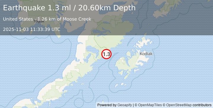 Earthquake 58 km WNW of Karluk, Alaska (1.3 ml) (2025-11-03 11:33:39 UTC)