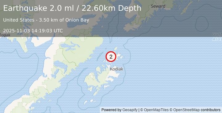 Earthquake 22 km NNE of Aleneva, Alaska (2.0 ml) (2025-11-03 14:19:03 UTC)