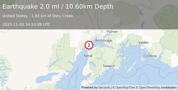 Earthquake 6 km SSW of Tyonek, Alaska (2.0 ml) (2025-11-03 14:53:09 UTC)