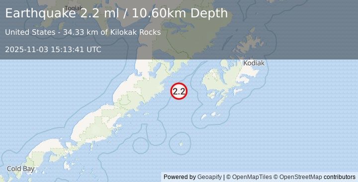 Earthquake 91 km SW of Karluk, Alaska (2.2 ml) (2025-11-03 15:13:41 UTC)