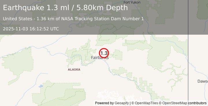 Earthquake 10 km ENE of Fox, Alaska (1.3 ml) (2025-11-03 16:12:52 UTC)