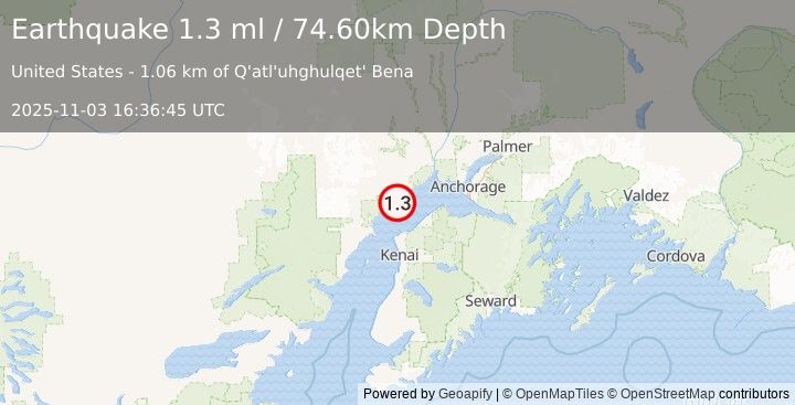 Earthquake 8 km W of Tyonek, Alaska (1.3 ml) (2025-11-03 16:36:45 UTC)