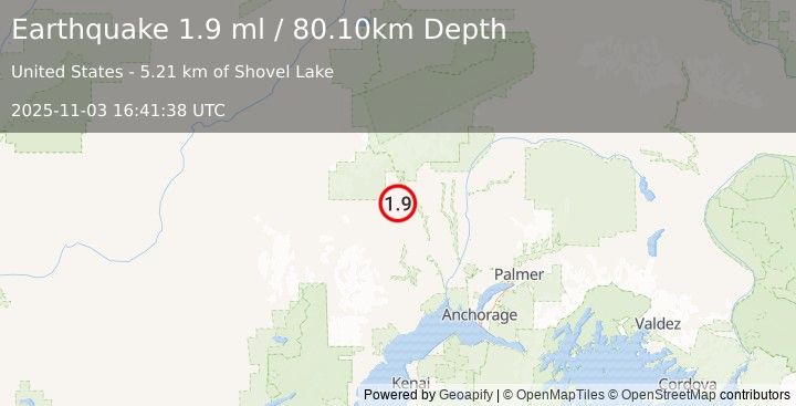 Earthquake 30 km N of Skwentna, Alaska (1.9 ml) (2025-11-03 16:41:37 UTC)