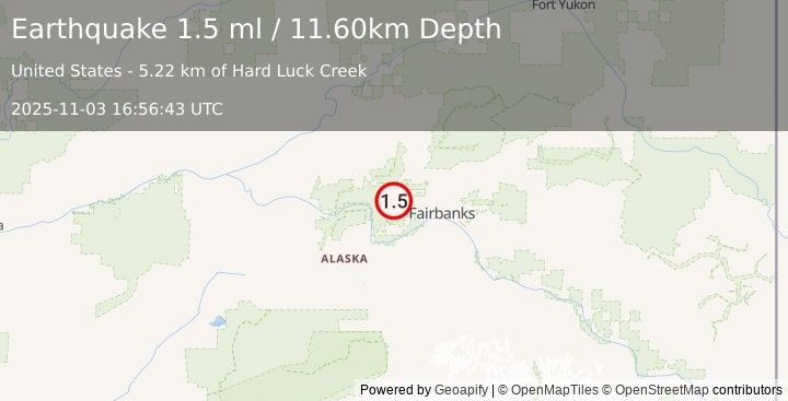 Earthquake 33 km WNW of Ester, Alaska (1.5 ml) (2025-11-03 16:56:43 UTC)