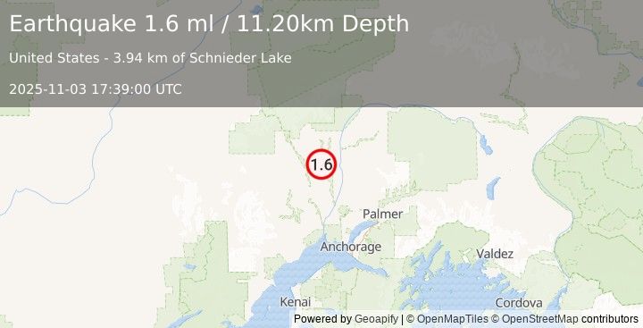 Earthquake 25 km SW of Trapper Creek, Alaska (1.6 ml) (2025-11-03 17:39:00 UTC)