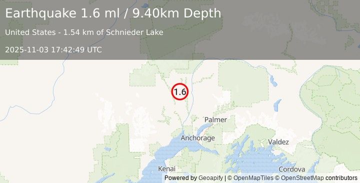 Earthquake 22 km SW of Trapper Creek, Alaska (1.6 ml) (2025-11-03 17:42:51 UTC)