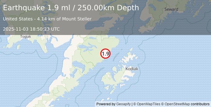 Earthquake 91 km N of Karluk, Alaska (1.9 ml) (2025-11-03 18:50:23 UTC)