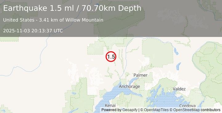 Earthquake 27 km NNE of Skwentna, Alaska (1.5 ml) (2025-11-03 20:13:37 UTC)